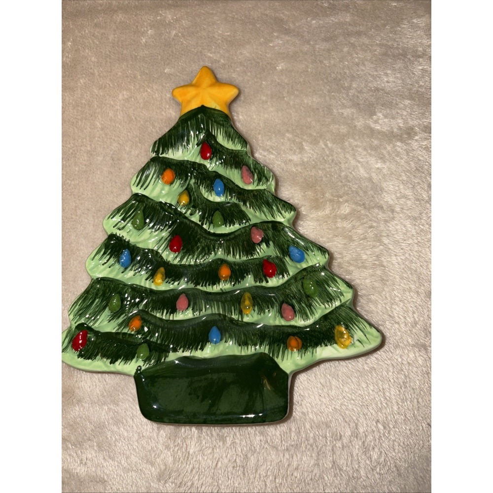 Mr. Christmas Tree Trinket Tray Retro Ceramic Green Multi 6" Holiday Gift Decor